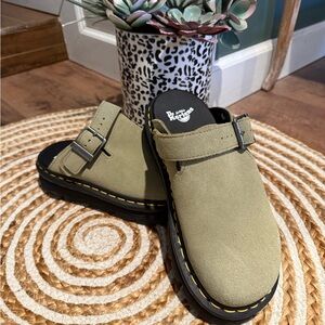 Dr. Martens Green Suede Zeb Zag Mule Buckle Clogs